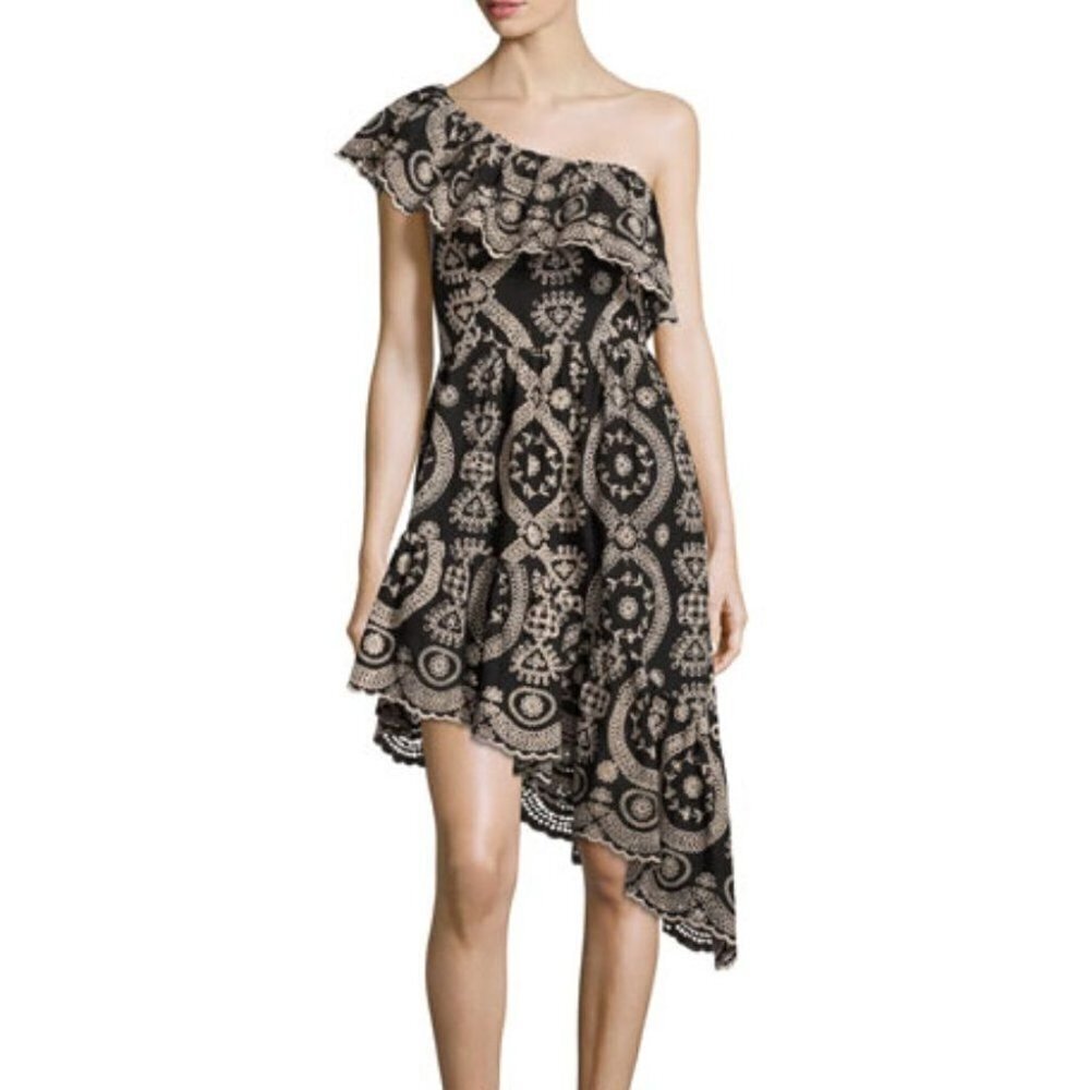 LoveShackFancy Black And‎ Cream Pamela Asymmetric One Shoulder Flounce Dress S